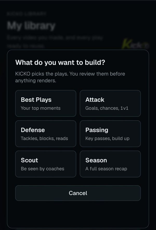 KICKO Mode asks what to build: Best Plays, Attack, Defense, Passing, Scout or Season. Defense is marked.