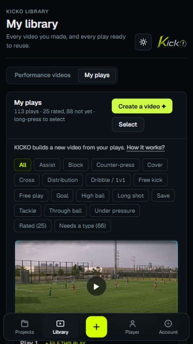 The KICKO library: 113 saved plays filed by action type, with the Create a video button marked