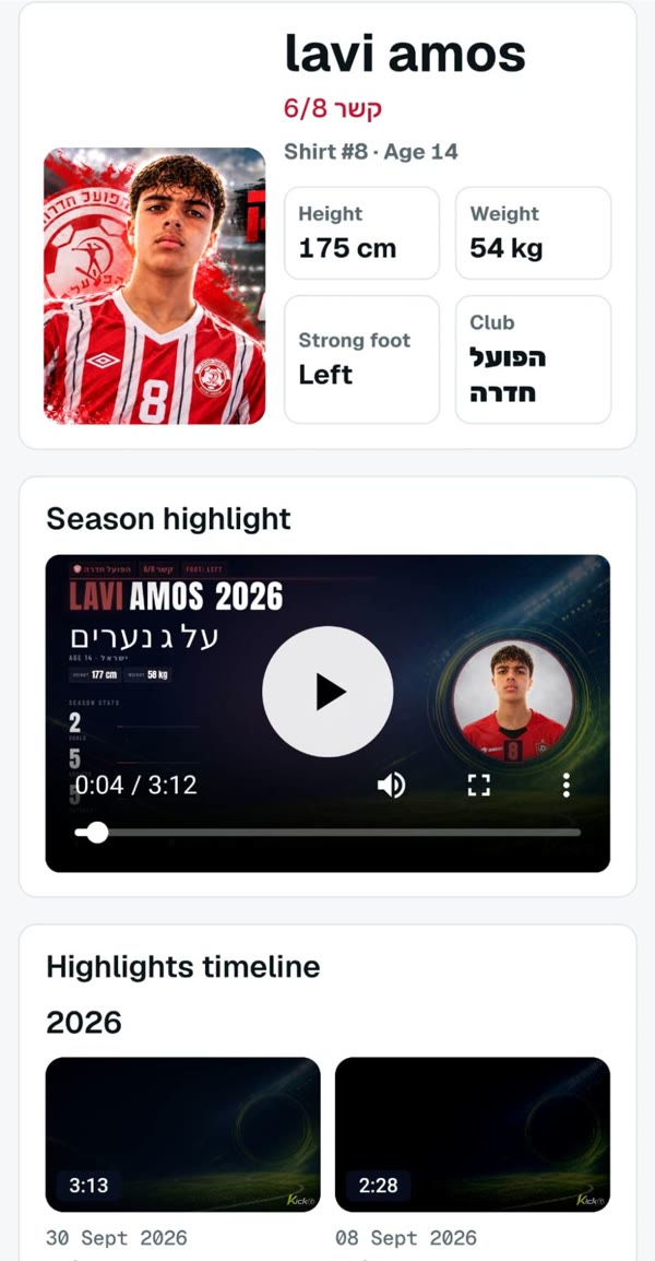 A KICKO player page: profile, main season highlight and highlights timeline