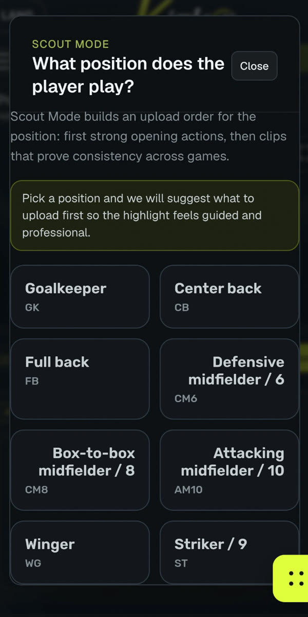 Scout Mode asks which position the player plays; Box-to-box midfielder / 8 is the one tapped
